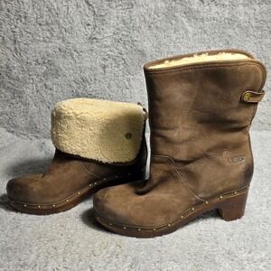 UGG Lynnea 2‎ Way Clog Boots Brown Leather Shearling Studded Women 9 Excellent